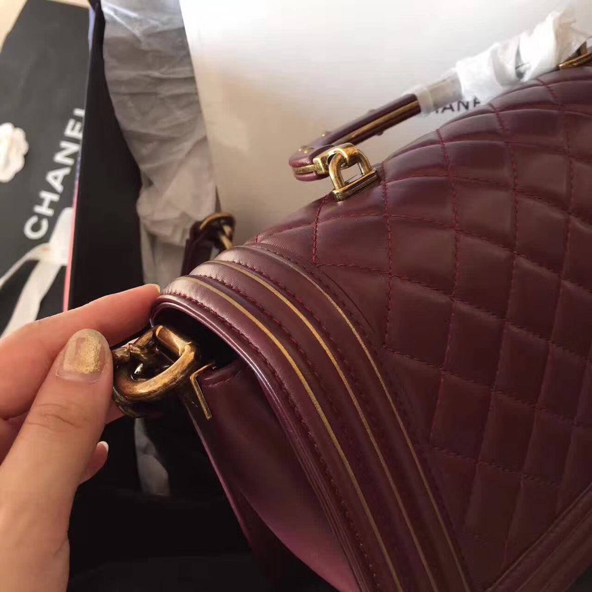 Ch**el Boy Bag with Wine Red 25cm