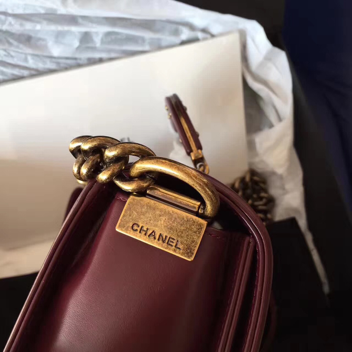 Ch**el Boy Bag with Wine Red 25cm