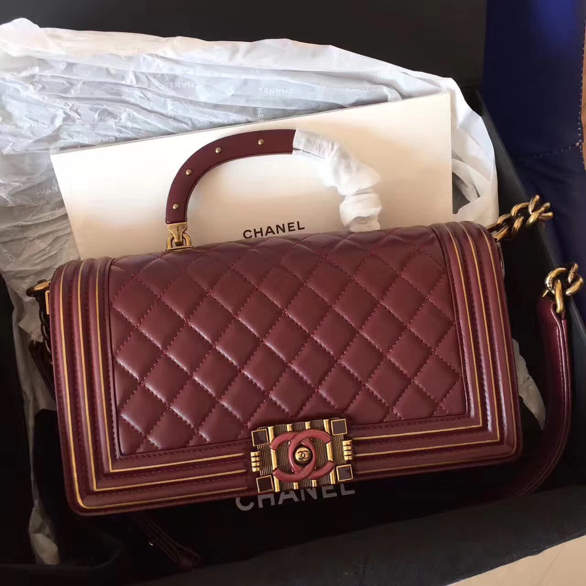 Ch**el Boy Bag with Wine Red 25cm