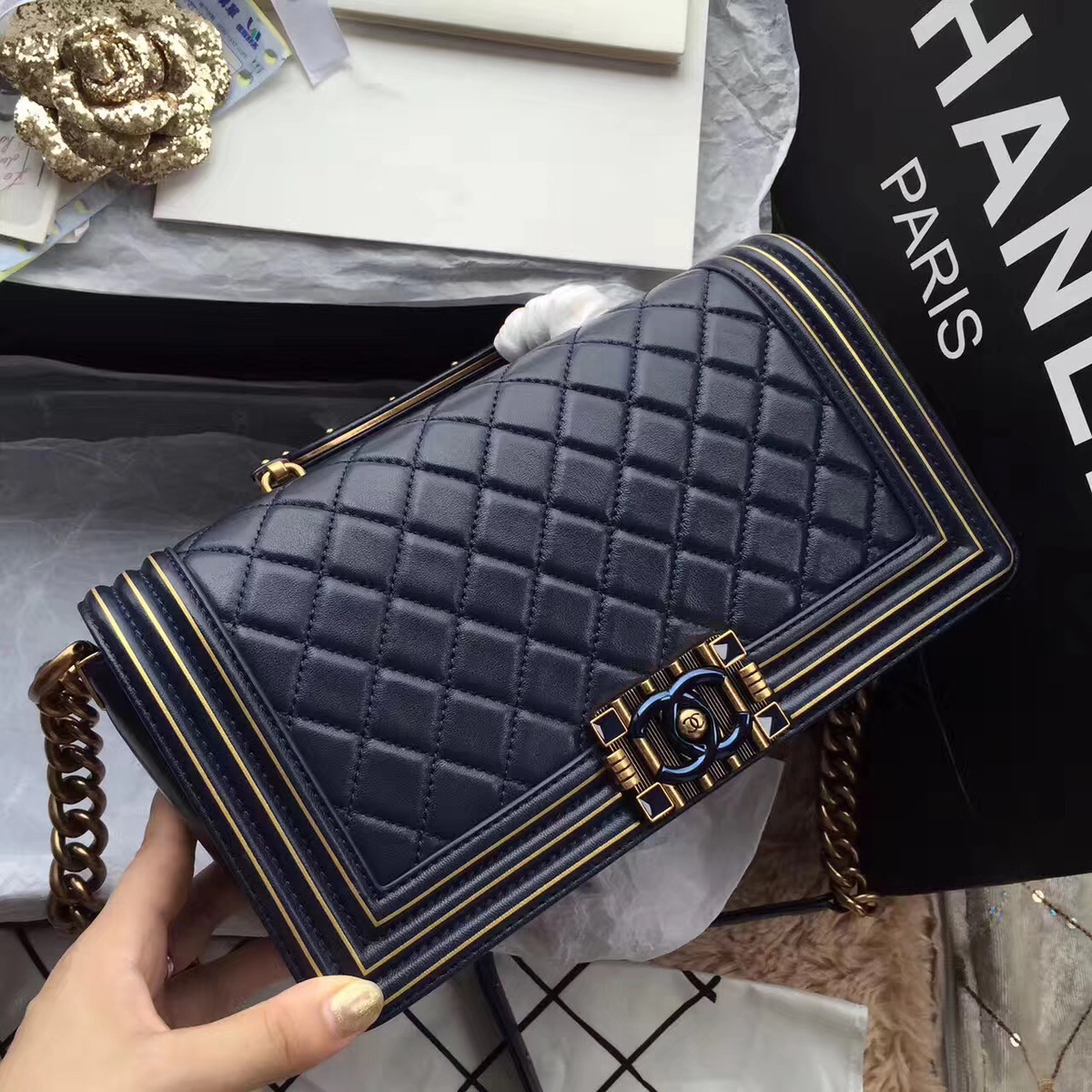 Ch**el Boy Bag with Royal Blue 25cm