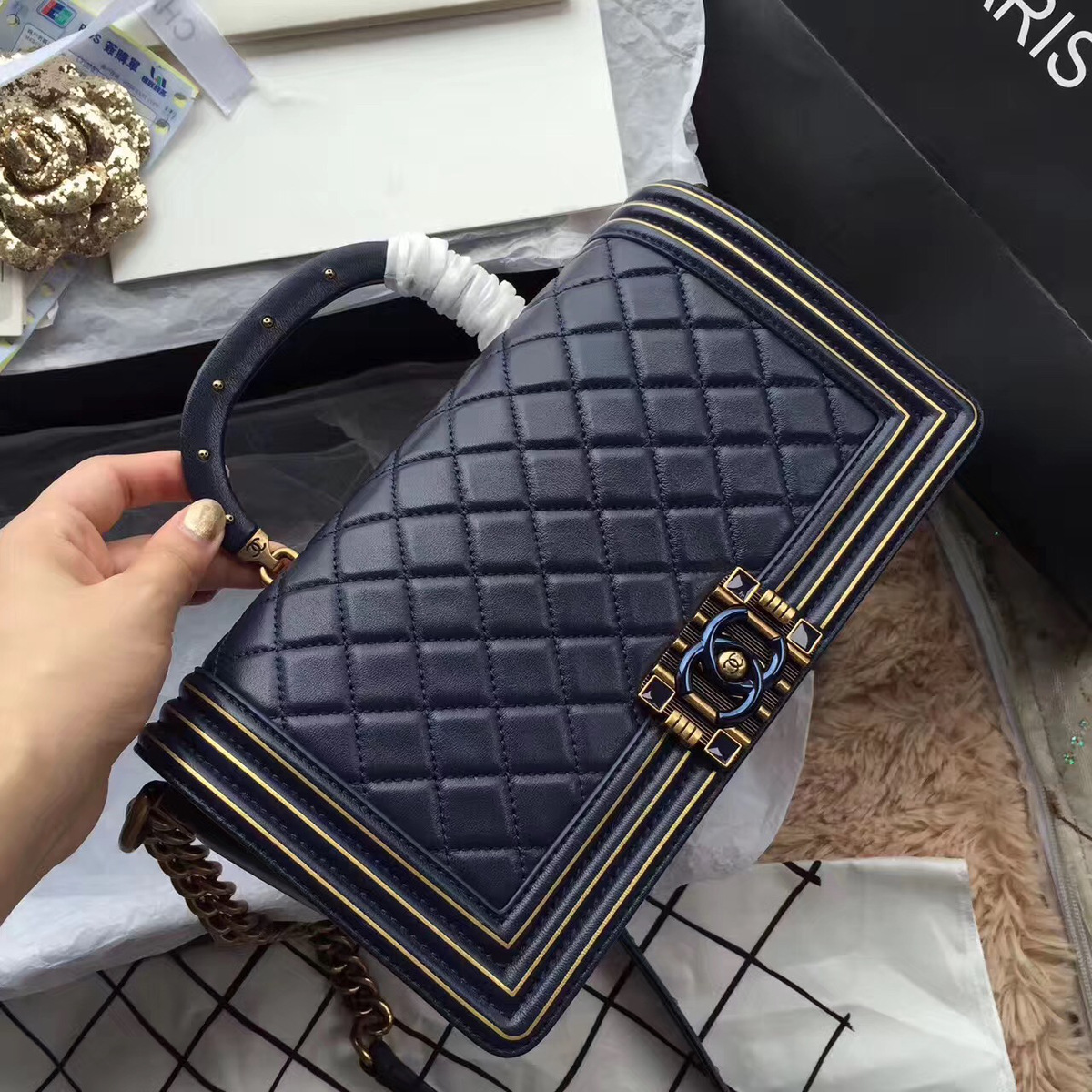 Ch**el Boy Bag with Royal Blue 25cm