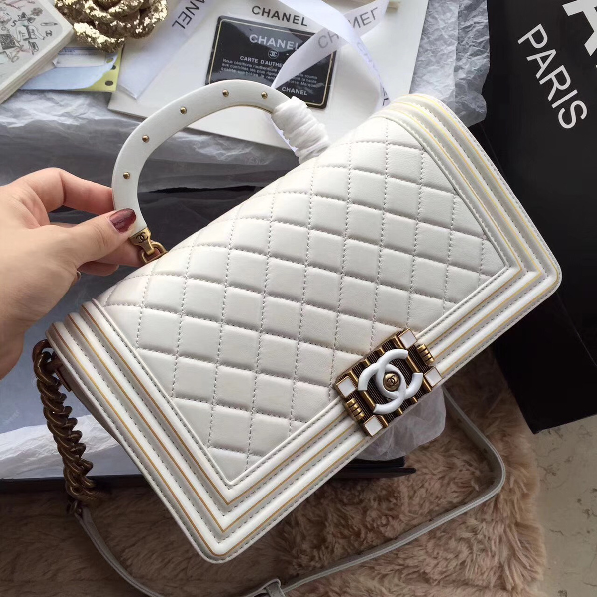 Ch**el Boy Bag with White 25cm