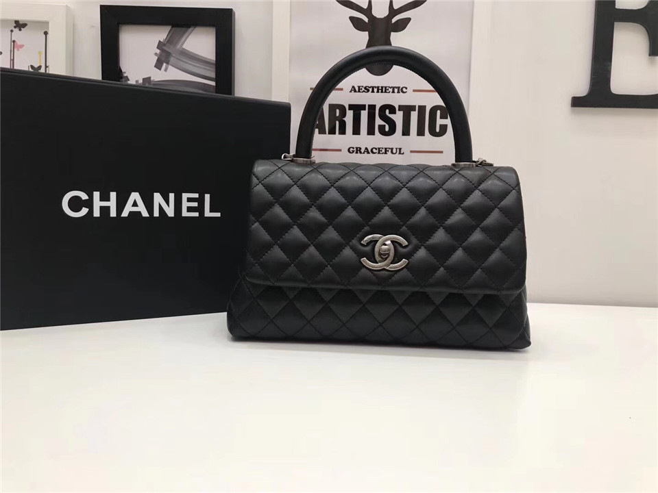 Ch**el Coco Black Handle Bag with Silver Hardware