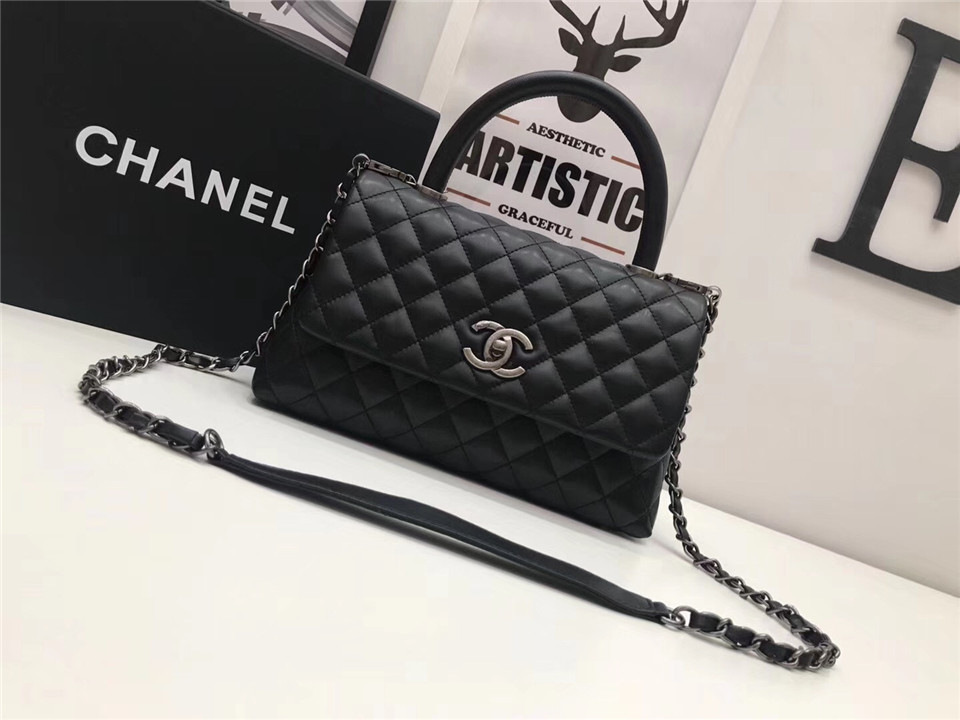 Ch**el Coco Black Handle Bag with Silver Hardware