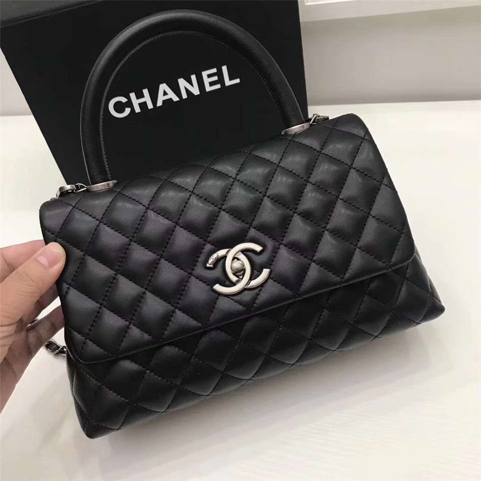 Ch**el Coco Black Handle Bag with Silver Hardware