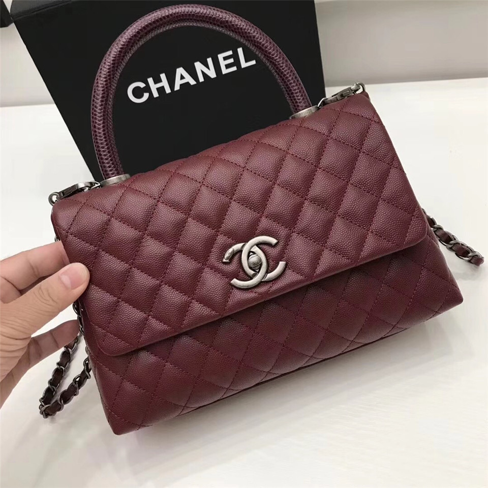Ch**el Coco Wine Red Handle Bag with Silver Hardware
