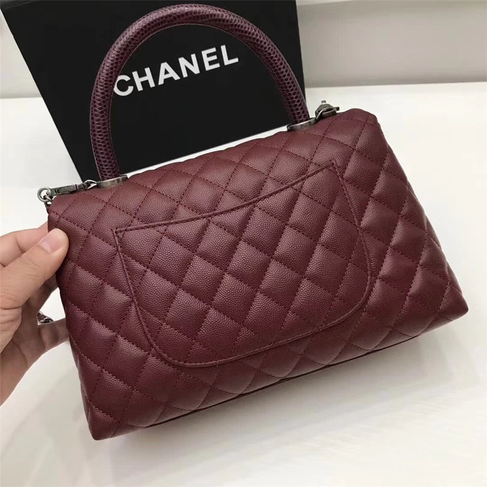 Ch**el Coco Wine Red Handle Bag with Silver Hardware