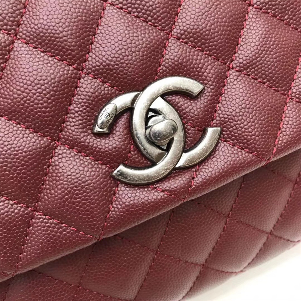 Ch**el Coco Wine Red Handle Bag with Silver Hardware