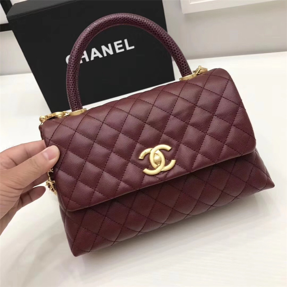 Ch**el Coco Wine Red Handle Bag with Gold Hardware