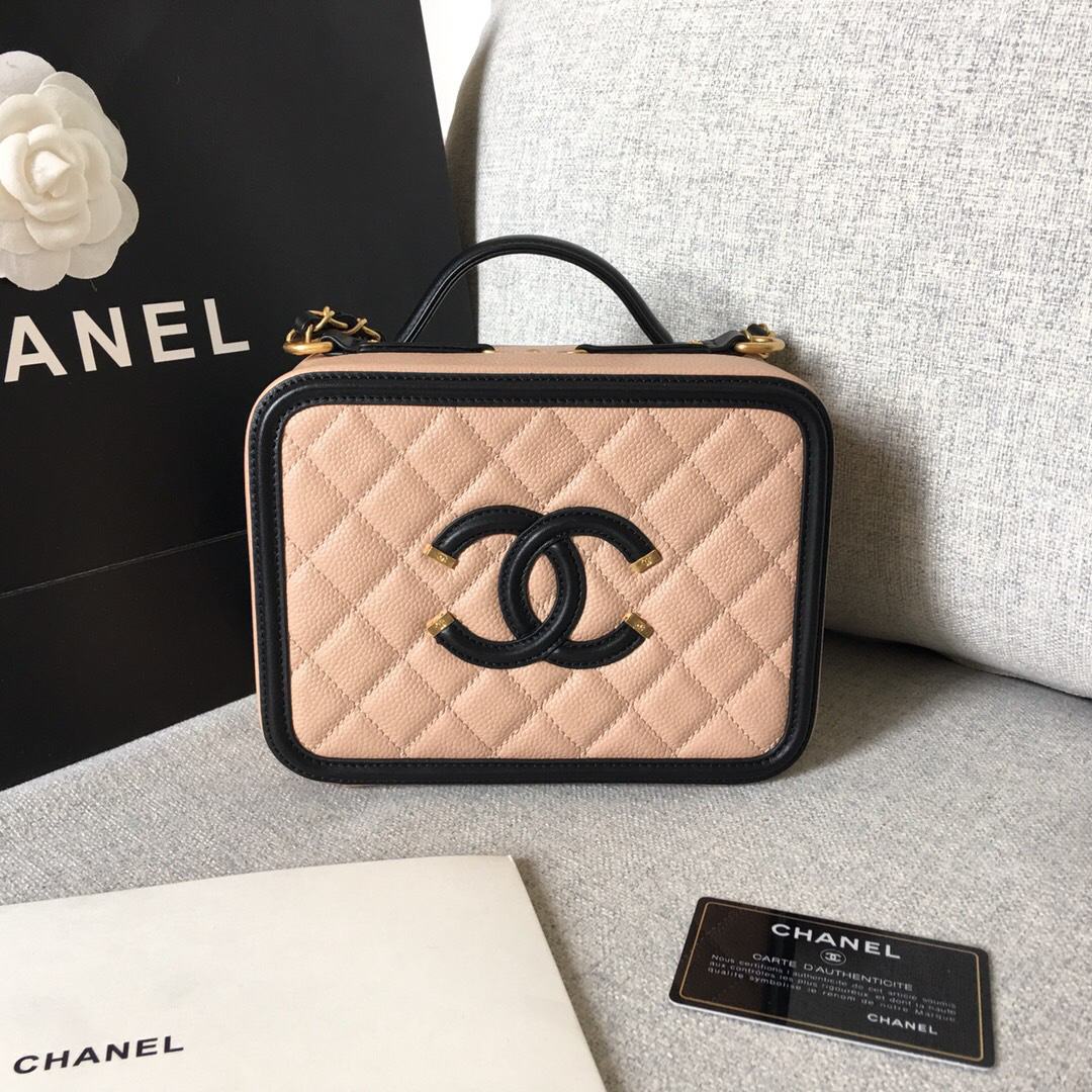 Ch**el medium Caviar Vanity bag pink and black