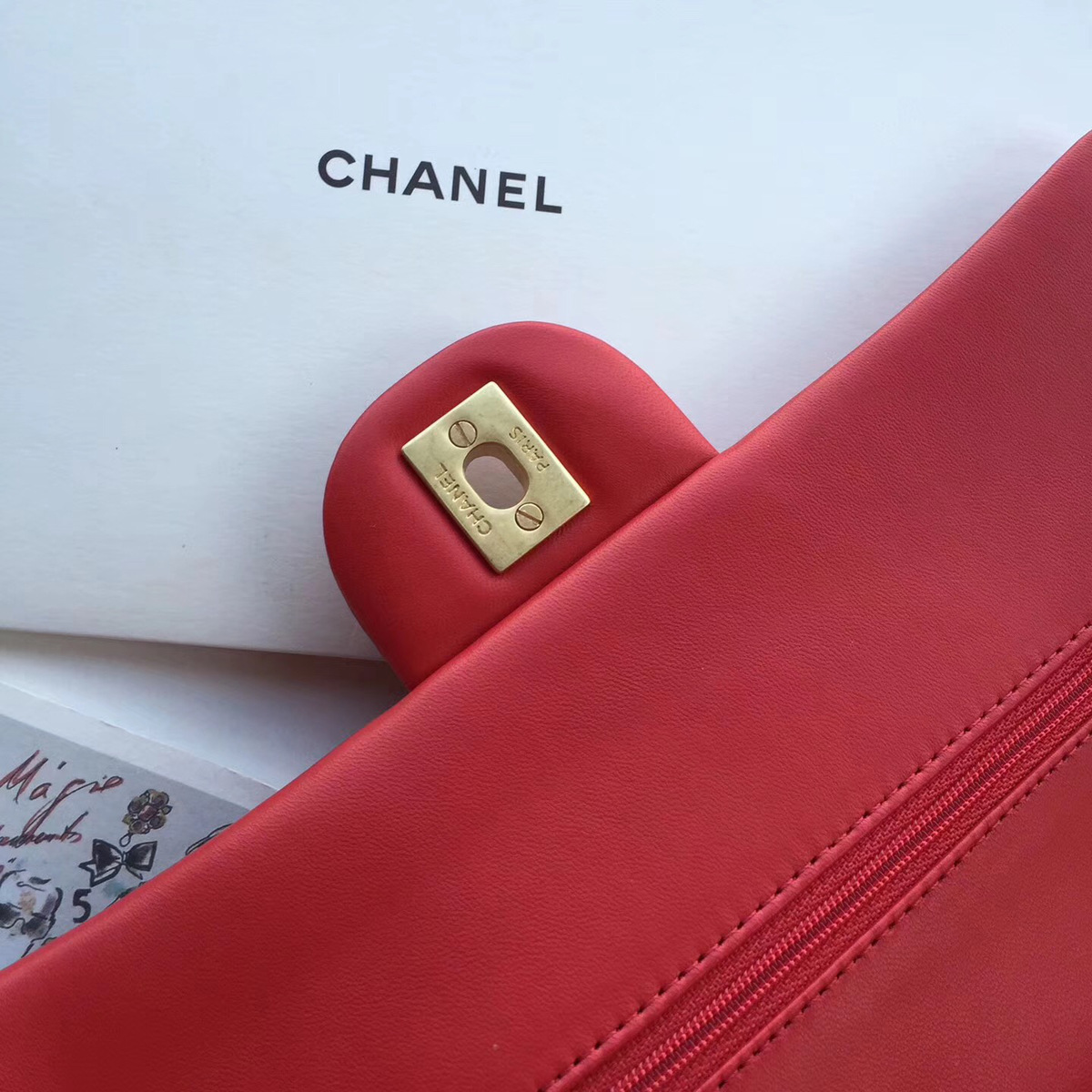 Ch**el Flap Red Chevron Lambskin 25CM With Gold Hardware