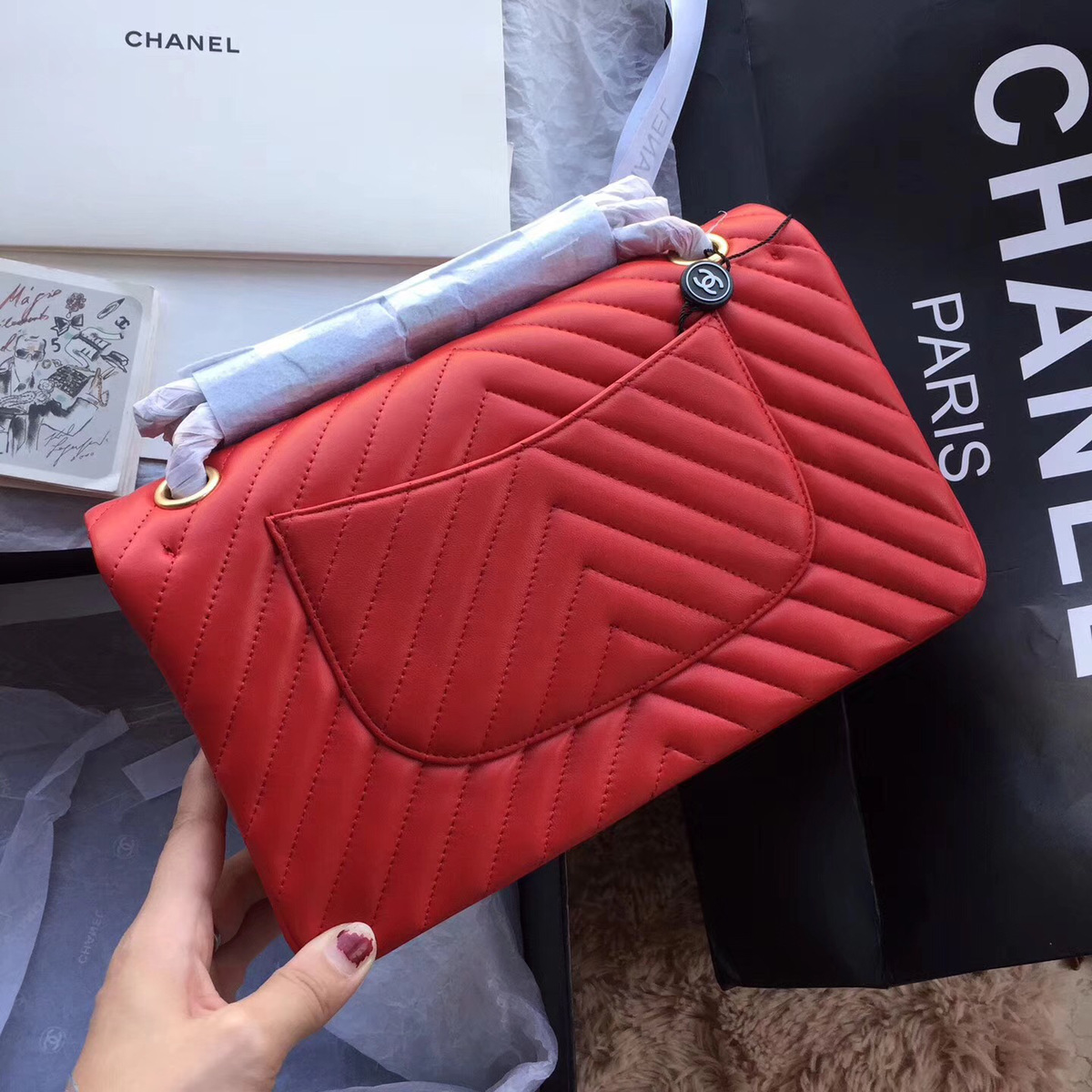 Ch**el Flap Red Chevron Lambskin 25CM With Gold Hardware
