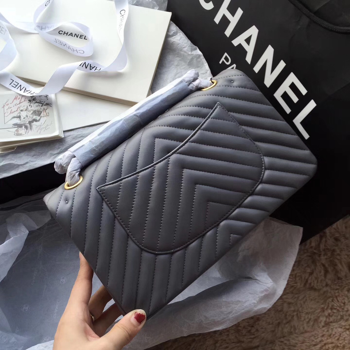 Ch**el Flap Gray Chevron Lambskin 25CM With Gold Hardware