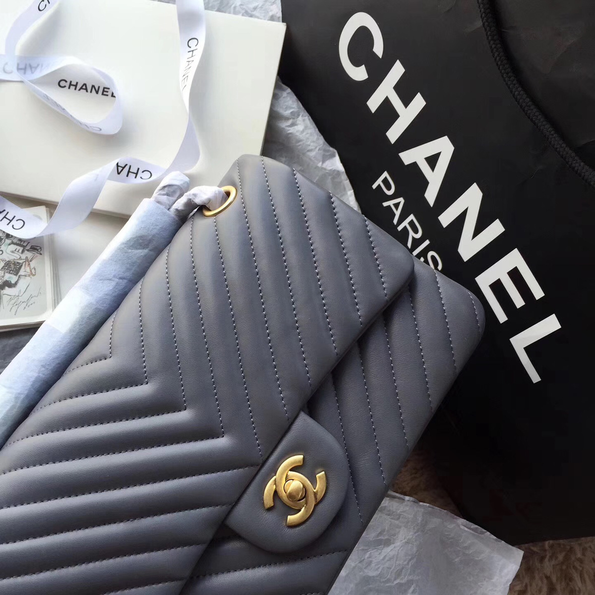 Ch**el Flap Gray Chevron Lambskin 25CM With Gold Hardware