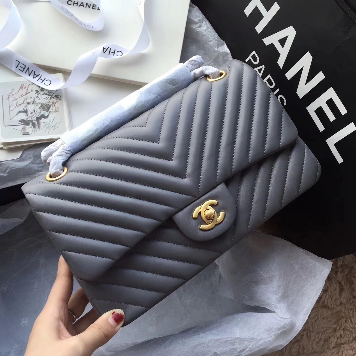Ch**el Flap Gray Chevron Lambskin 25CM With Gold Hardware