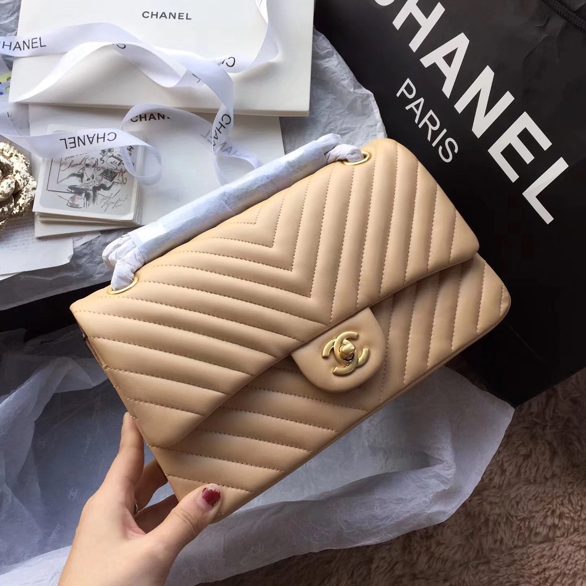 Ch**el Flap Apricot Chevron Lambskin 25CM With Gold Hardware