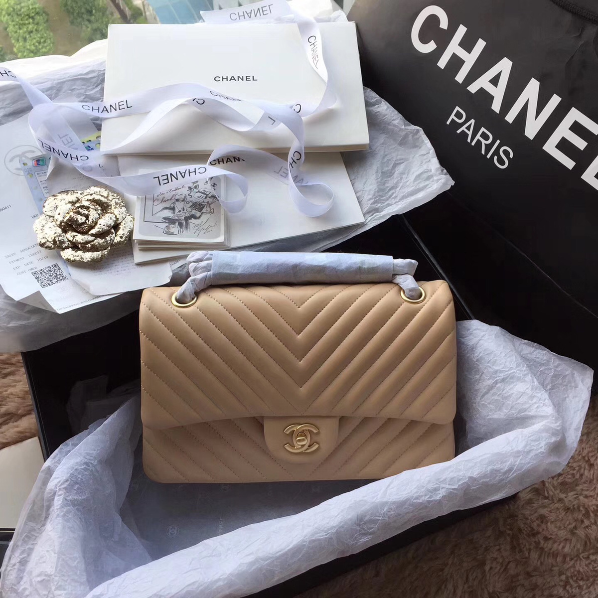 Ch**el Flap Apricot Chevron Lambskin 25CM With Gold Hardware