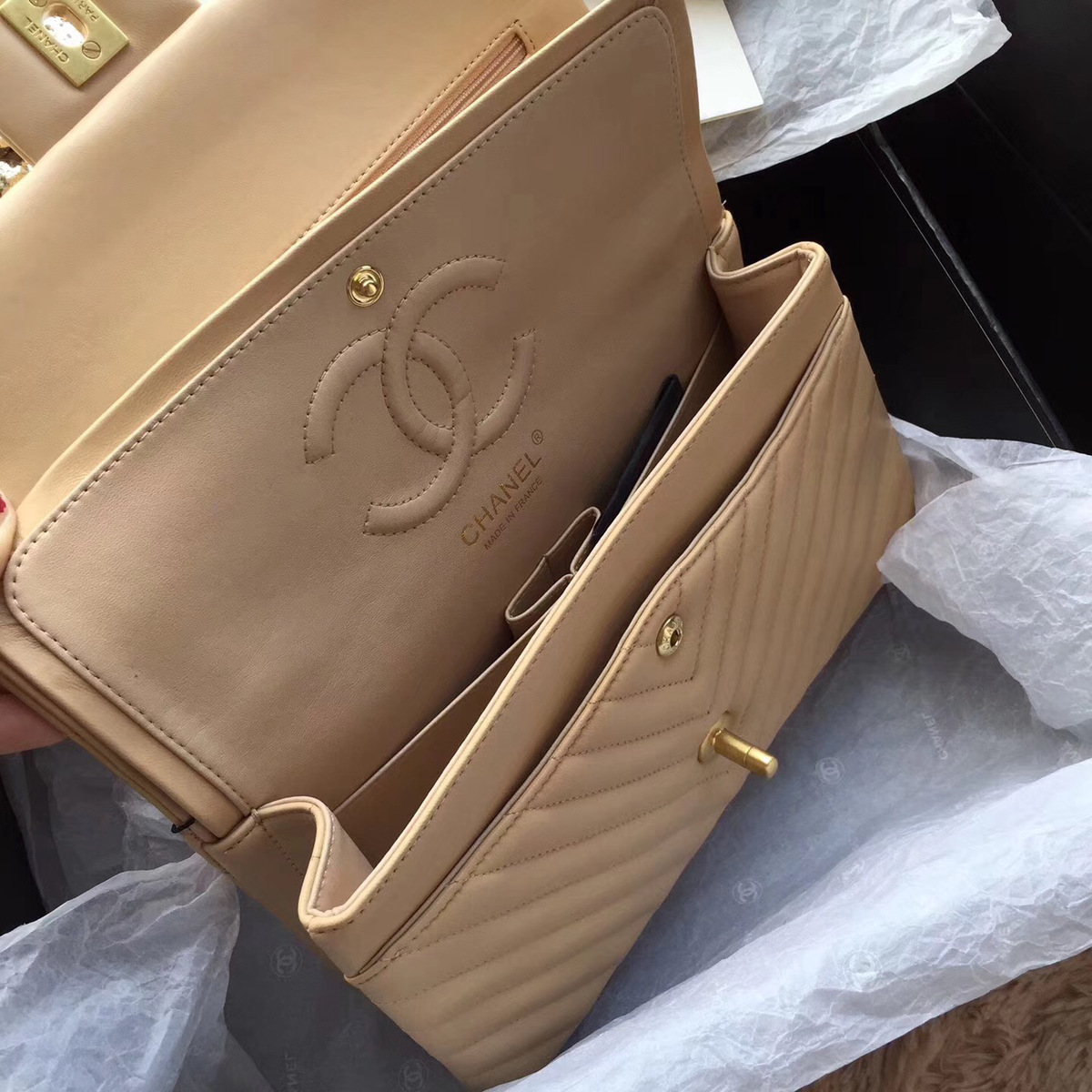 Ch**el Flap Apricot Chevron Lambskin 25CM With Gold Hardware
