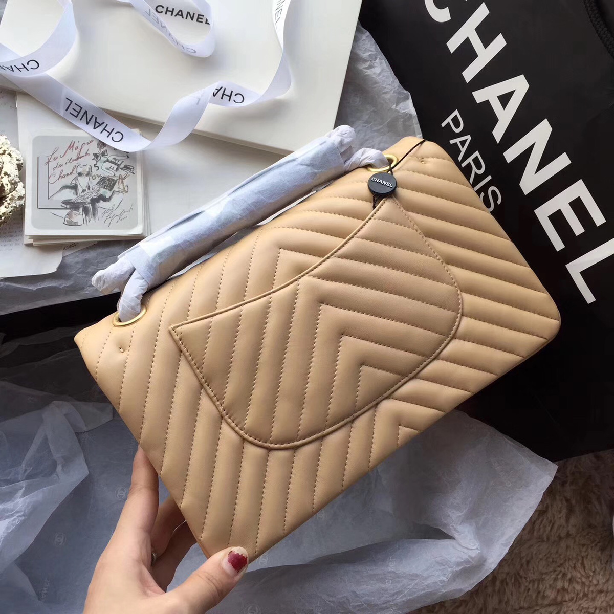 Ch**el Flap Apricot Chevron Lambskin 25CM With Gold Hardware