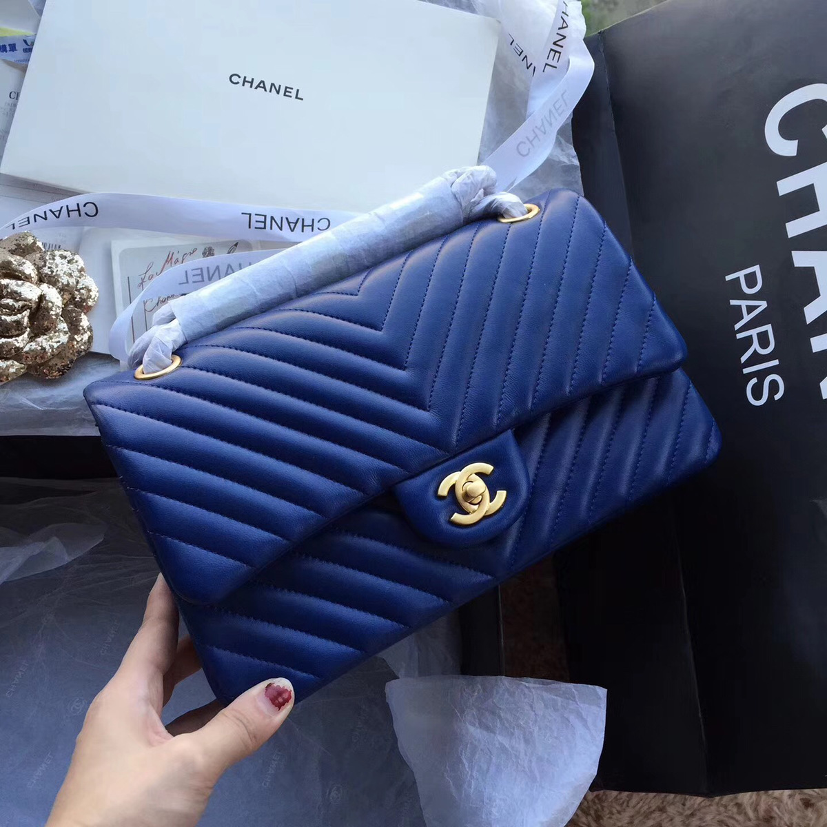 Ch**el Flap Blue Chevron Lambskin 25CM With Gold Hardware