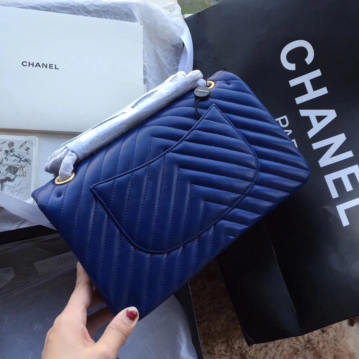 Ch**el Flap Blue Chevron Lambskin 25CM With Gold Hardware