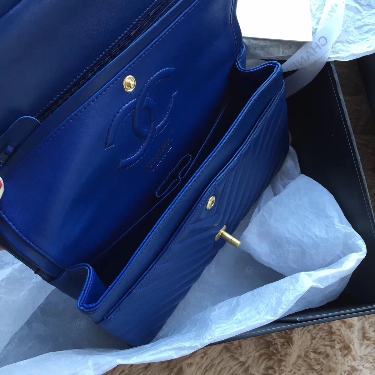 Ch**el Flap Blue Chevron Lambskin 25CM With Gold Hardware