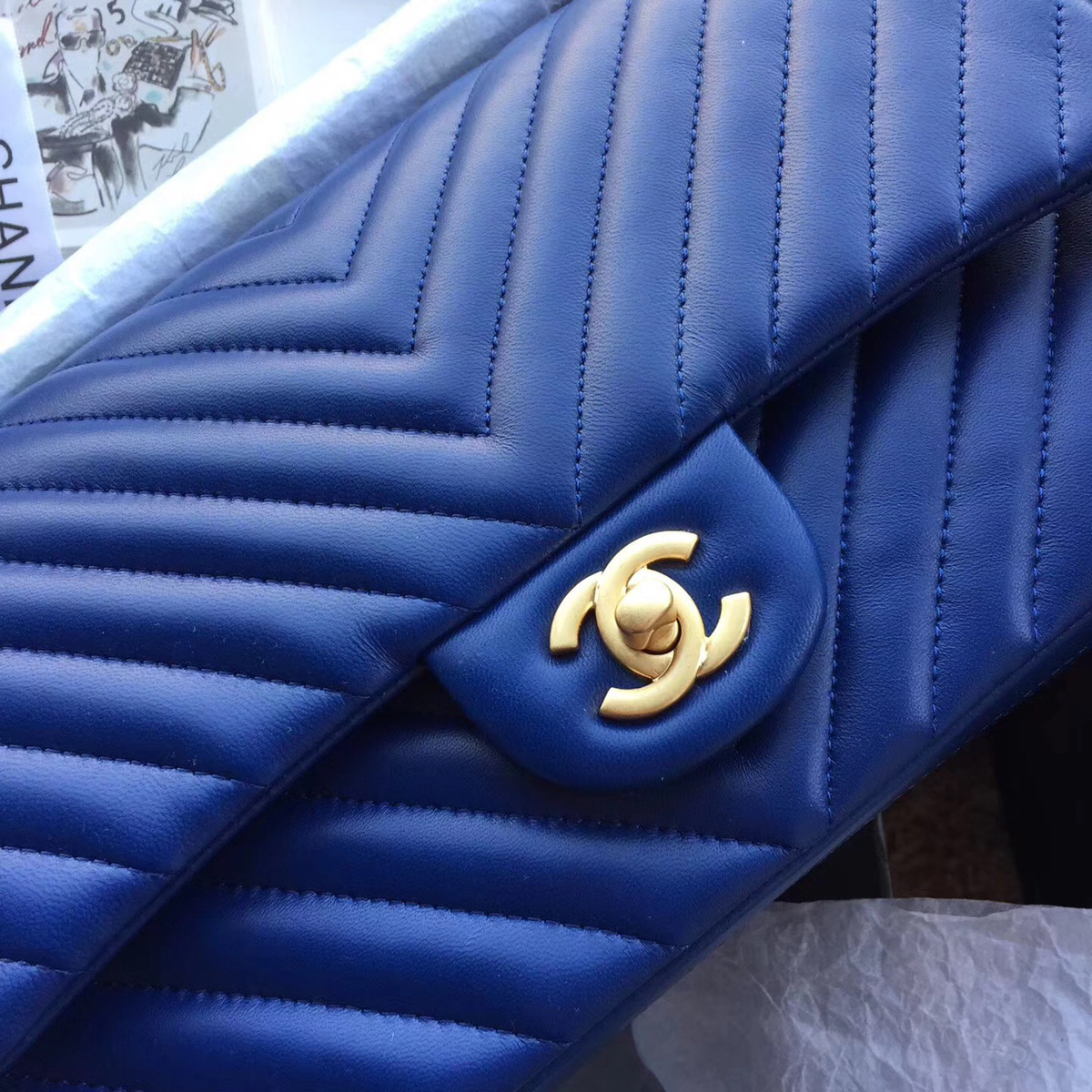 Ch**el Flap Blue Chevron Lambskin 25CM With Gold Hardware