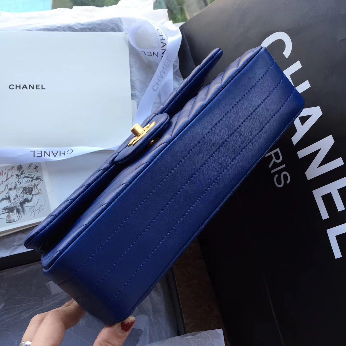 Ch**el Flap Blue Chevron Lambskin 25CM With Gold Hardware