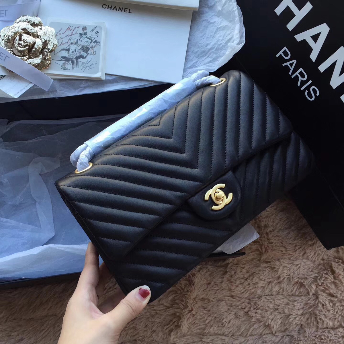 Ch**el Flap Black Chevron Lambskin 25CM With Gold Hardware