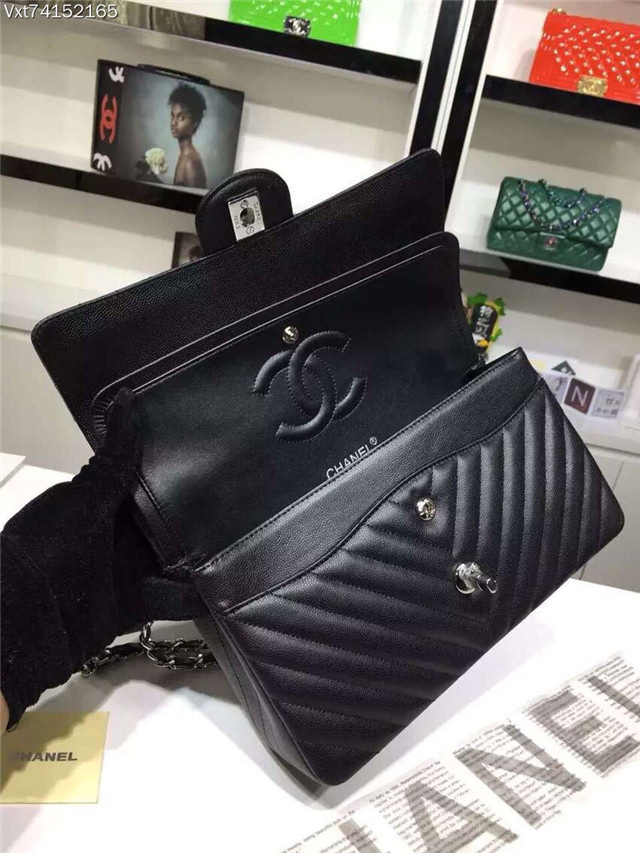 Ch**el Flap Black Chevron Caiar 25CM With Silver Hardware
