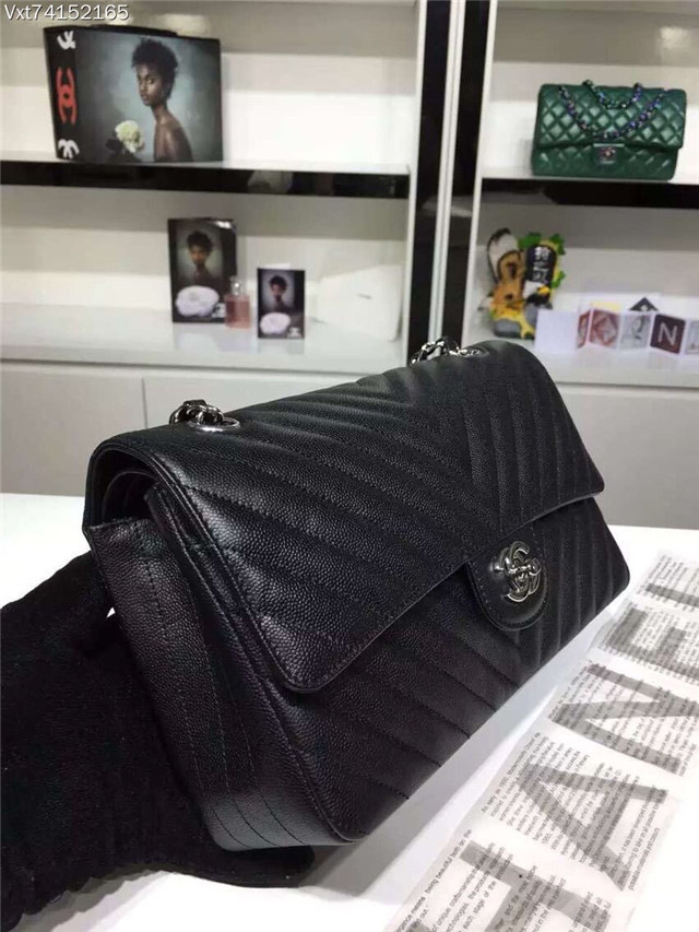 Ch**el Flap Black Chevron Caiar 25CM With Silver Hardware