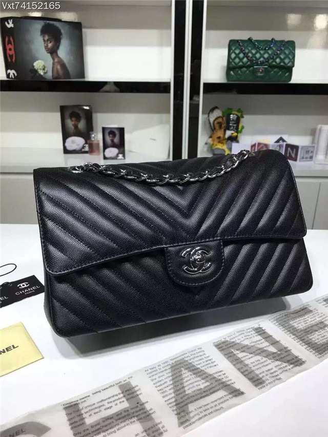 Ch**el Flap Black Chevron Caiar 25CM With Silver Hardware