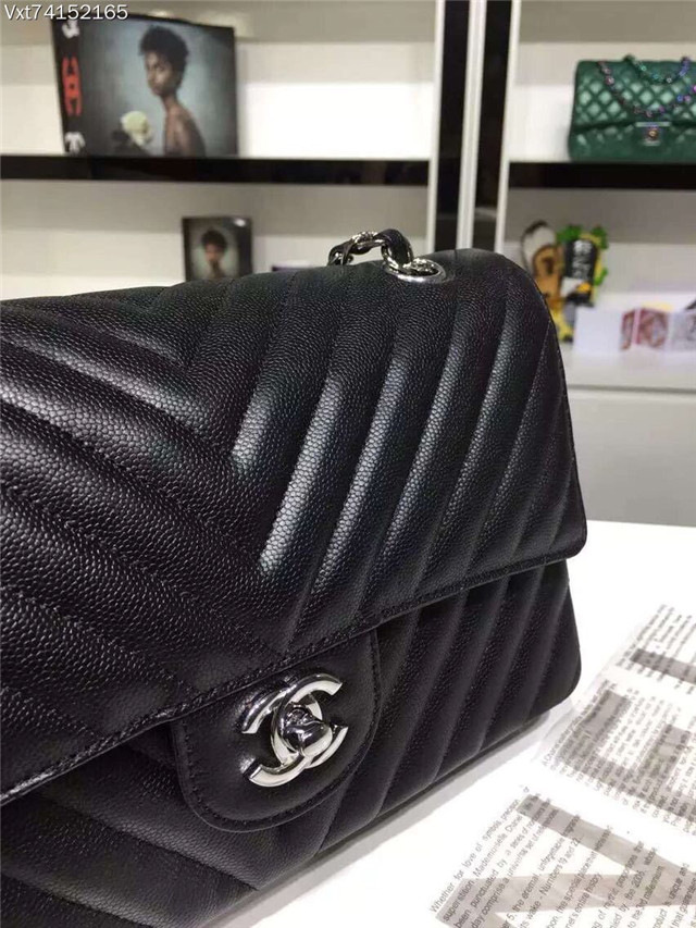 Ch**el Flap Black Chevron Caiar 25CM With Silver Hardware