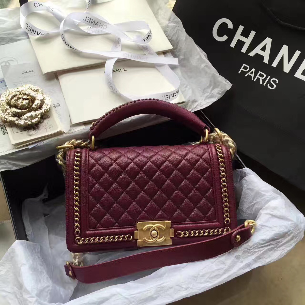 Ch**el Boy Bag Wine Red 25cm