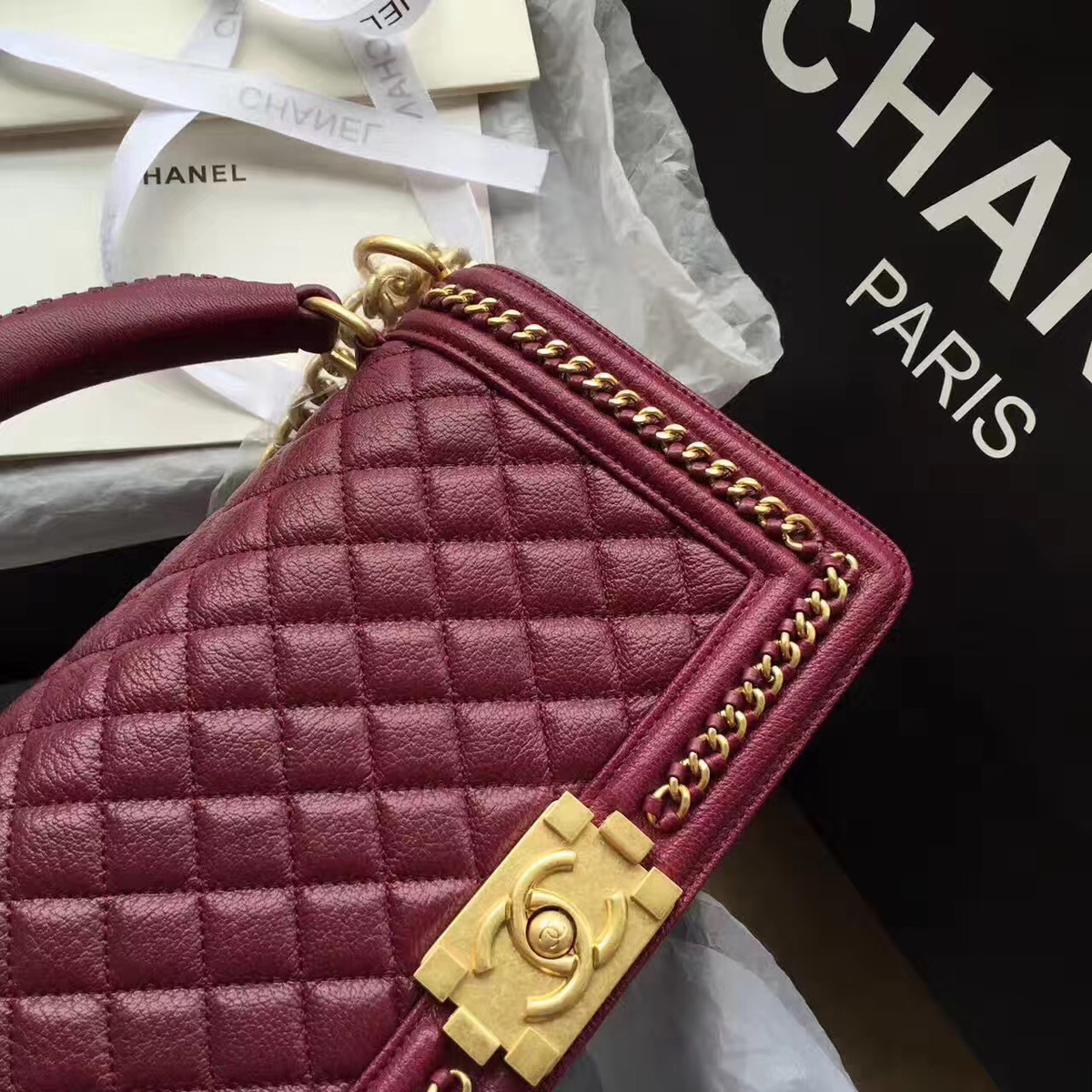 Ch**el Boy Bag Wine Red 25cm
