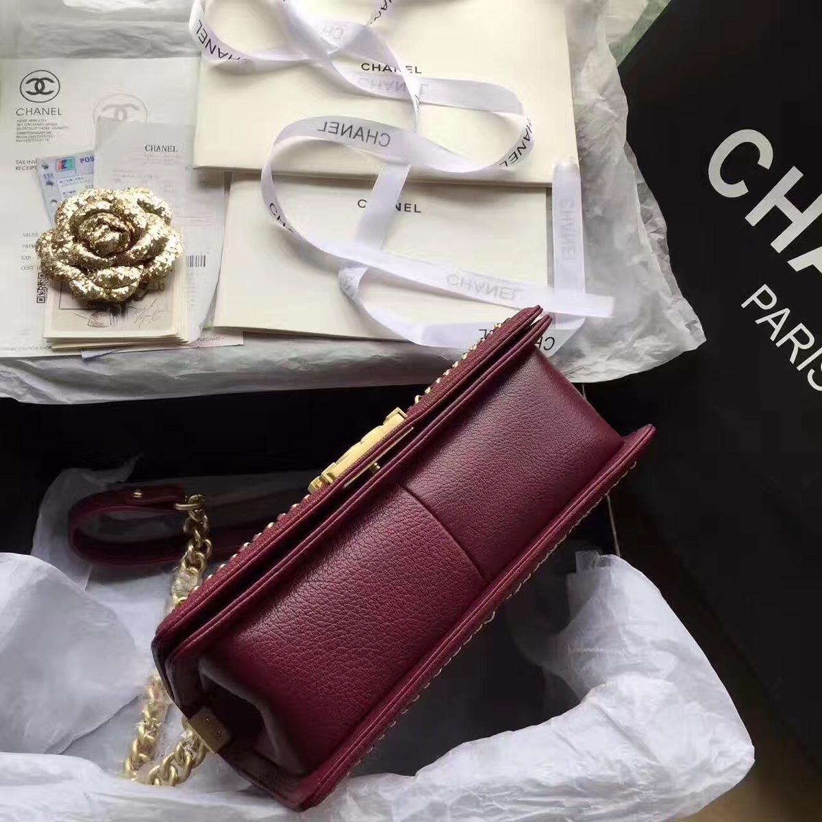 Ch**el Boy Bag Wine Red 25cm
