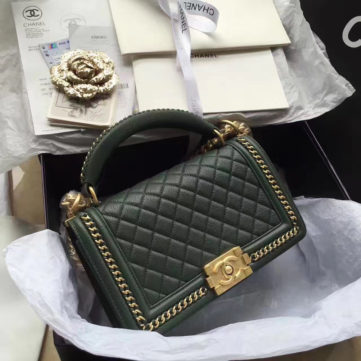 Ch**el Boy Bag Dark Green 25cm