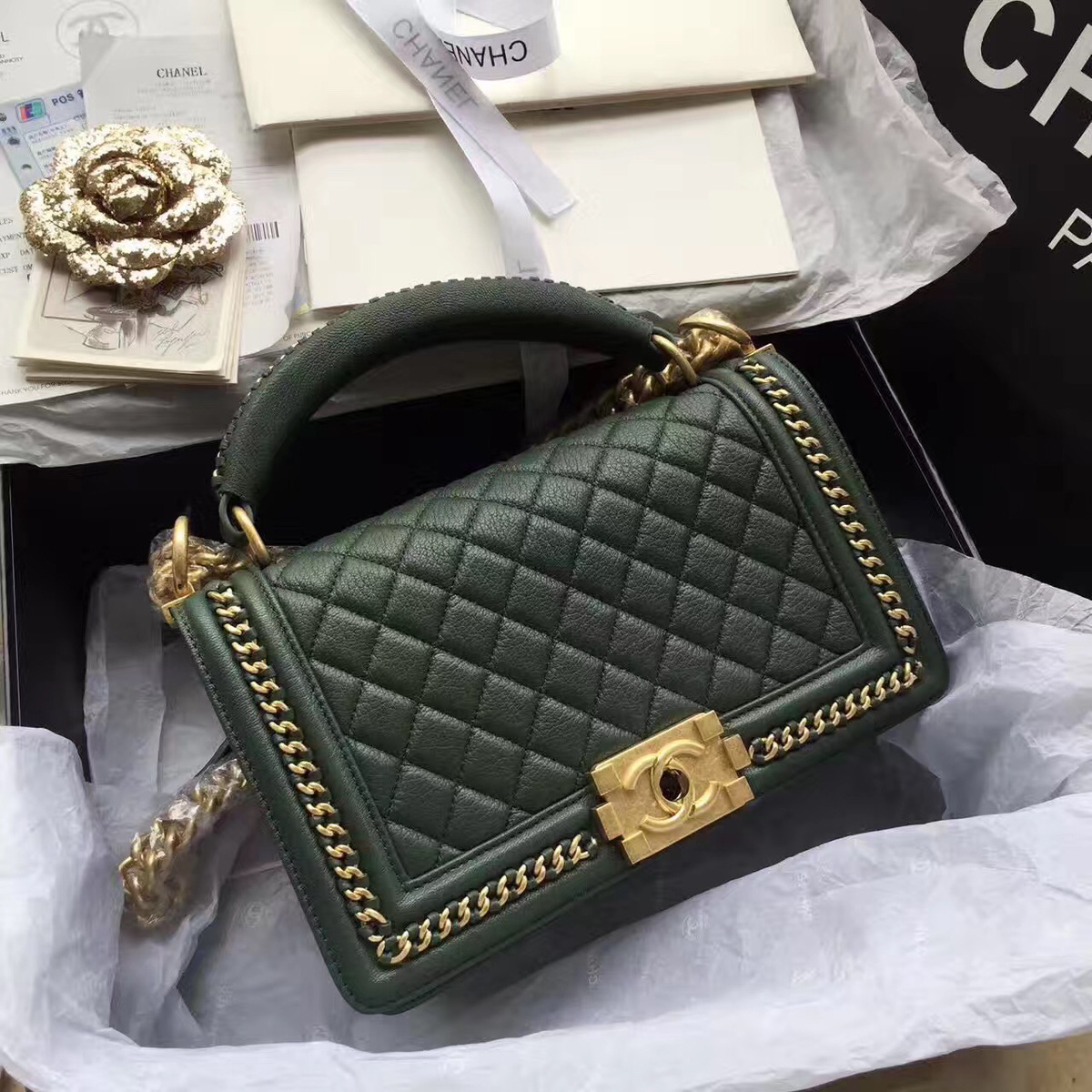 Ch**el Boy Bag Dark Green 25cm