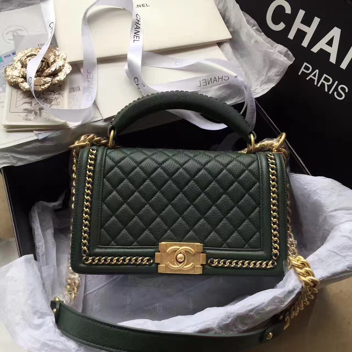 Ch**el Boy Bag Dark Green 25cm