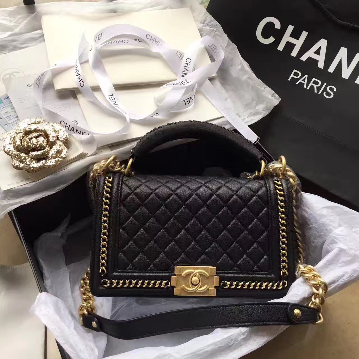 Ch**el Boy Bag Black 25cm