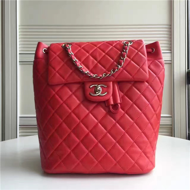 Ch**el Lambskin Backpack Red Silver Hardware P1200