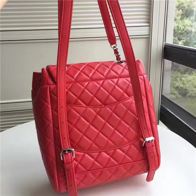 Ch**el Lambskin Backpack Red Silver Hardware P1200