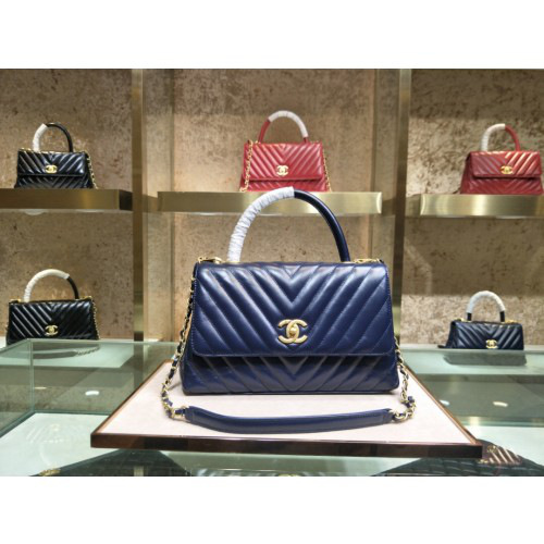 Ch**el Coco Handle Bag Blue with Gold Hardware