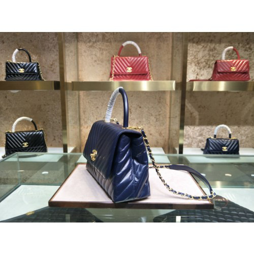 Ch**el Coco Handle Bag Blue with Gold Hardware