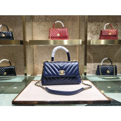 Ch**el small Coco Handle Bag Blue with Gold Hardware