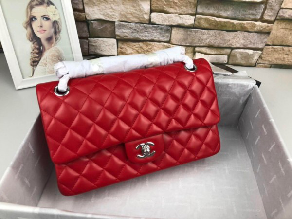Ch**el Flap Bag Lambskin Red With Silver Hardware