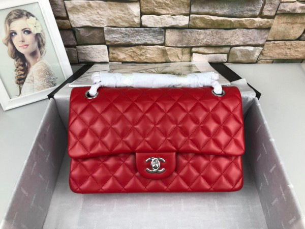 Ch**el Flap Bag Lambskin Red With Silver Hardware