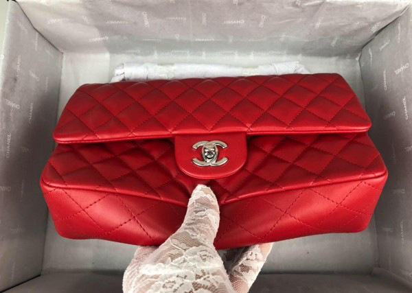 Ch**el Flap Bag Lambskin Red With Silver Hardware