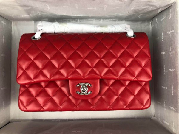 Ch**el Flap Bag Lambskin Red With Silver Hardware