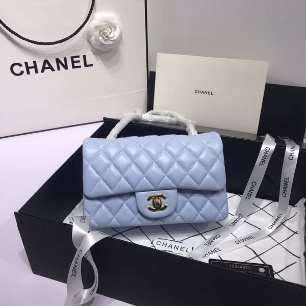 Ch**el Flap Bag Lambskin Light Blue with Gold Hardware 20CM
